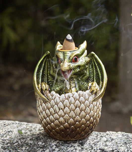 Green Wyrmling Baby Dragon On Golden Egg Backflow Incense Cone Burner Figurine