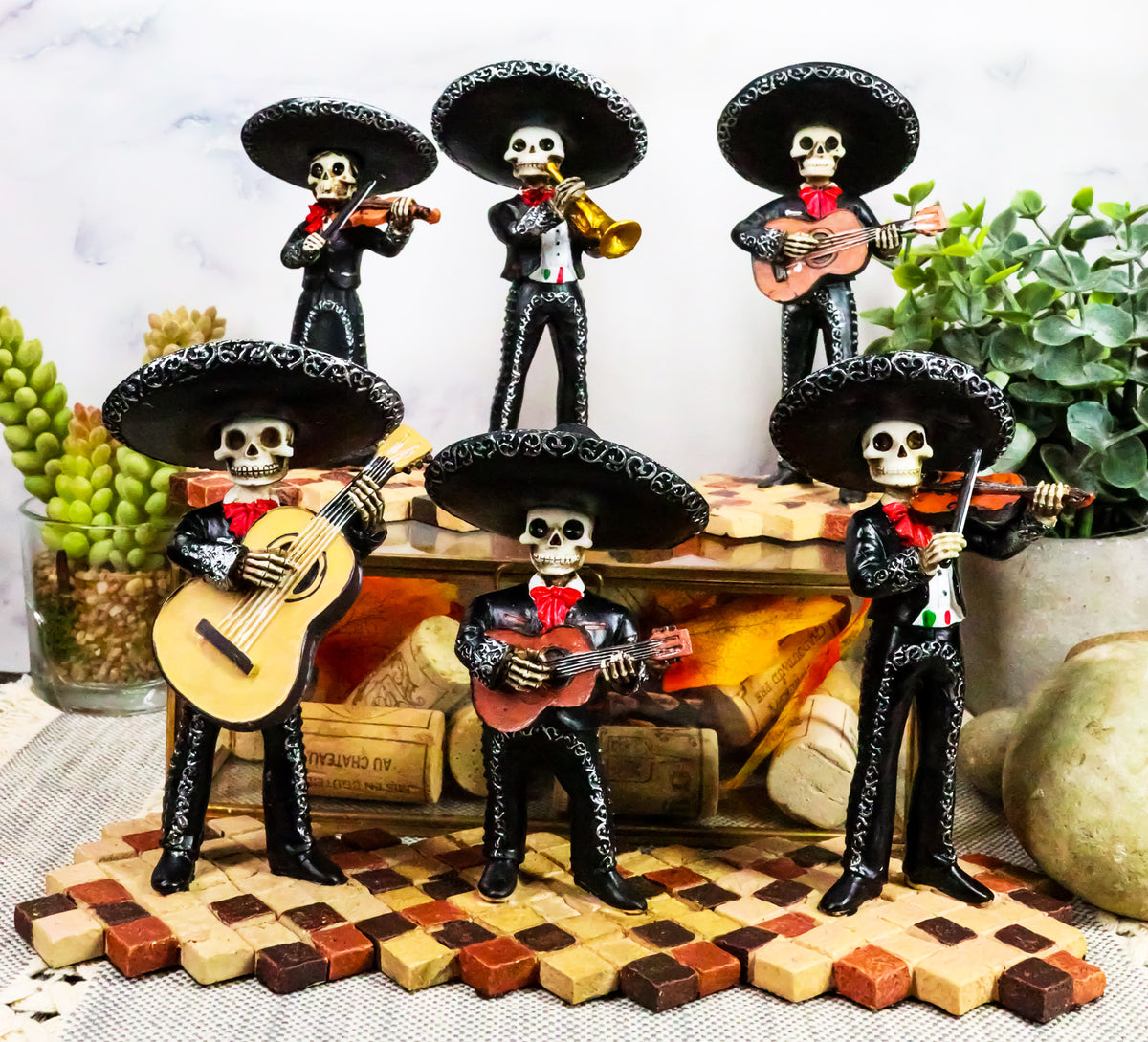 Day Of The Dead Black Mariachi Band Folk Musician Skeleton Figurines Set of 6 - Ebros Gift