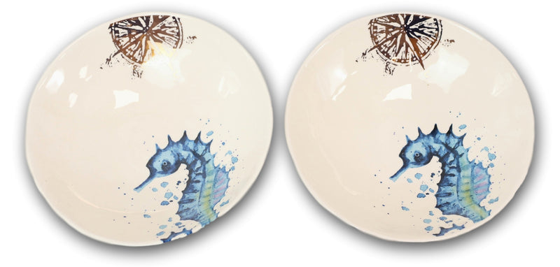 Nautical Blue White Seahorse And Helm Ceramic 46oz Pasta Salad Soup Dinner Bowl