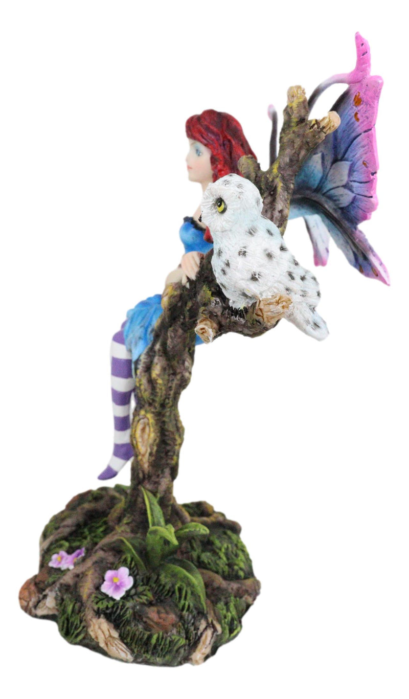 Blue Avatar Butterfly Fairy With Snow Owl Sitting On Magic Forest Tree Figurine