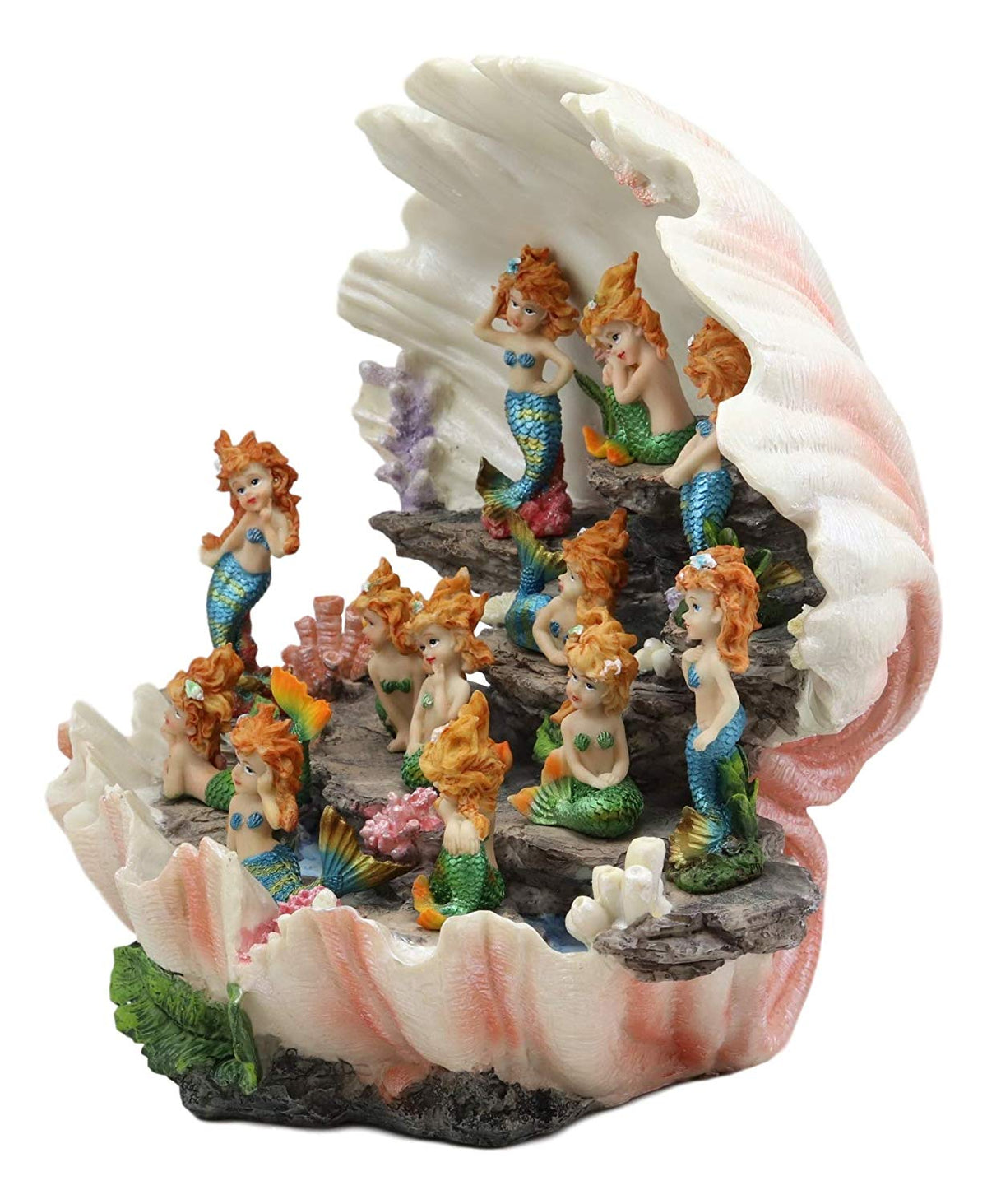 Ebros 12.25" Wide Colorful Nautical Ocean Giant Clam Shell of The Coral Reefs Display Stand with 12 Miniature Mergirls Figurine Set Fantasy Mergirl Mermaids - Ebros Gift