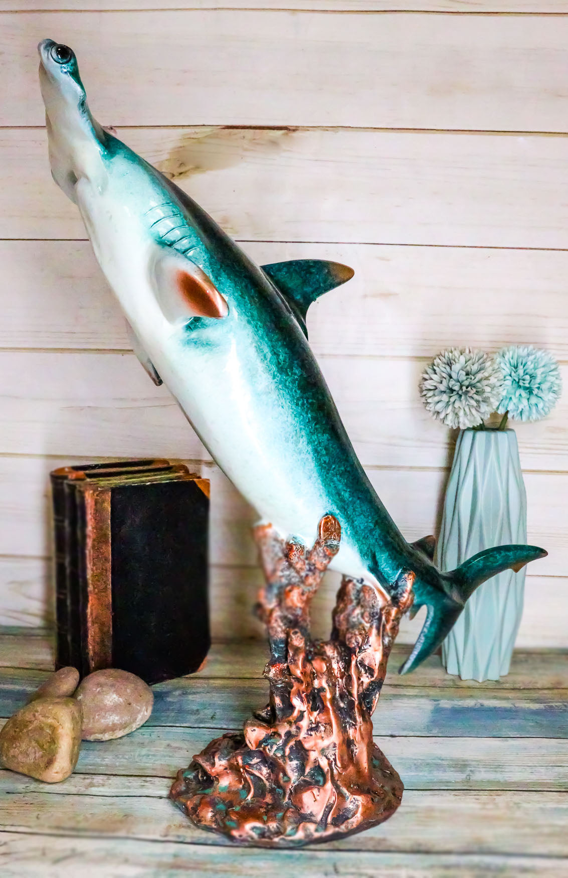 Ebros 16.25" H Large Nautical Ocean Marine Beach Coastal Predator Hammerhead Shark Swimming Over A Coral Pillar Statue - Ebros Gift