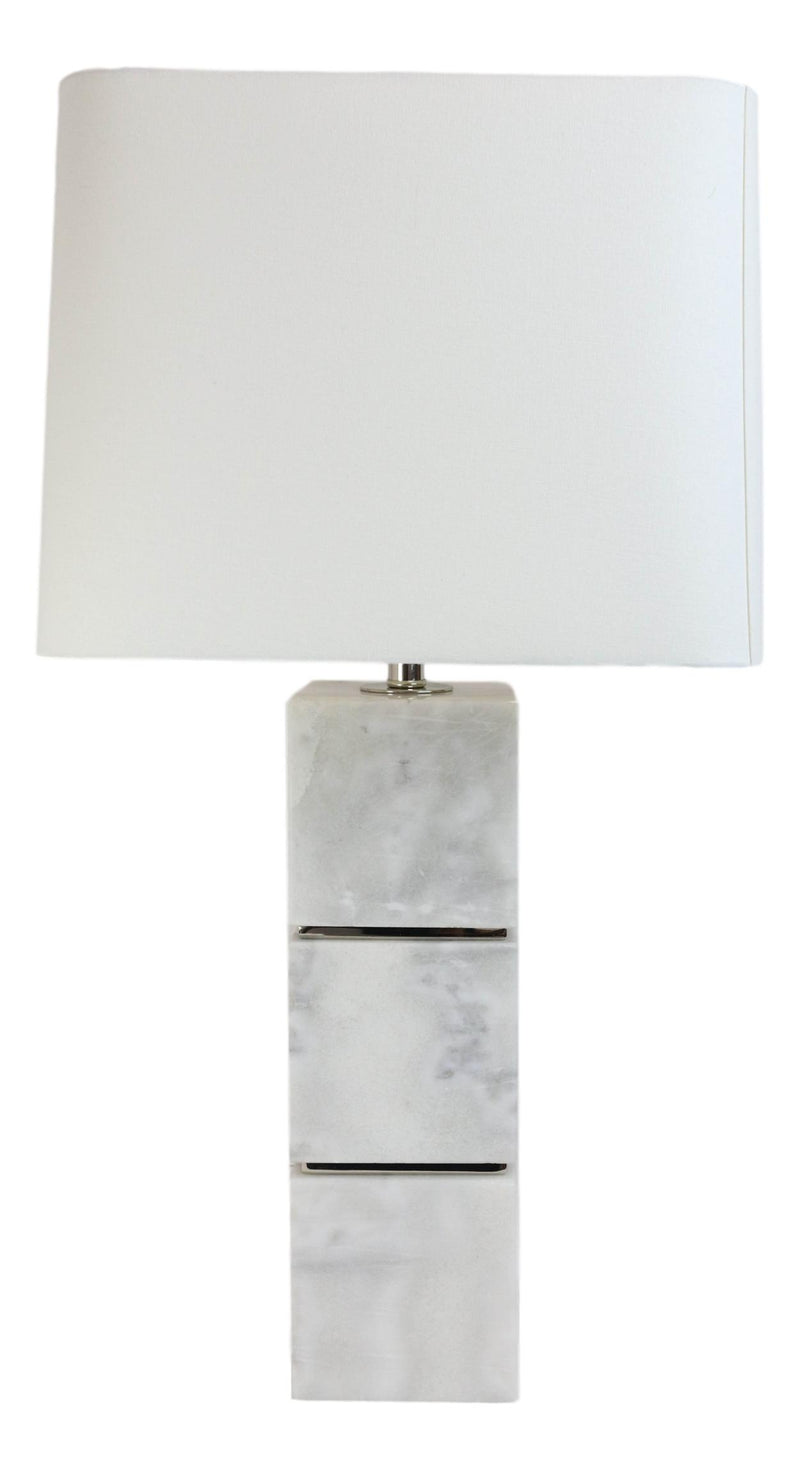 27"H Contemporary Elegant 3 White Marble Cubes Gold Trim Table Lamp Fabric Shade