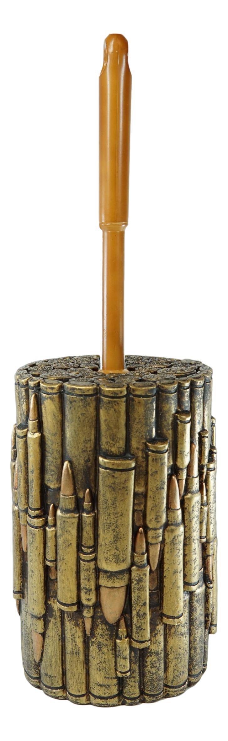 Western Military Rifle Ammo Shells Gold Tone Bullets Toilet Brush and Holder Set - Ebros Gift