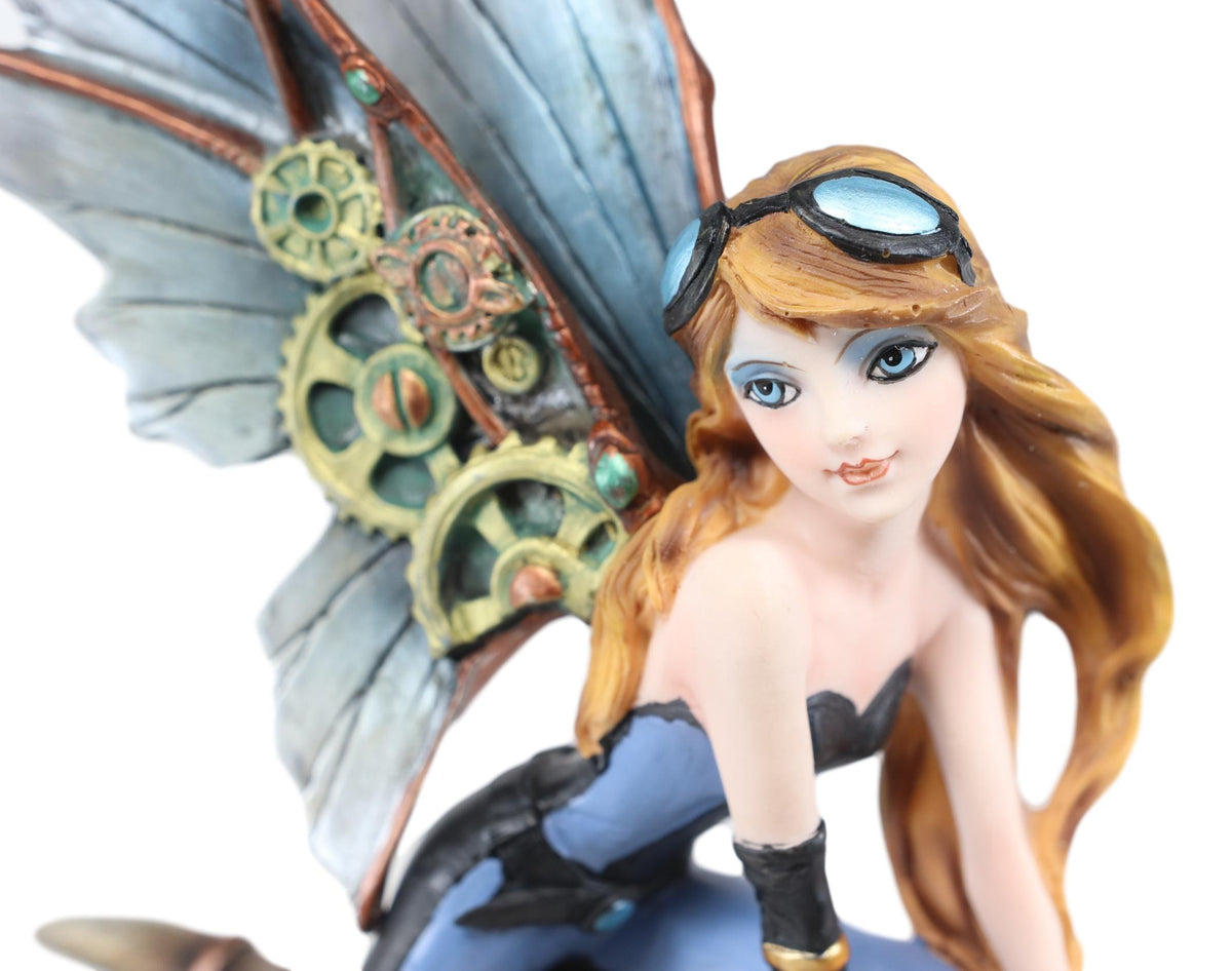 Ebros Steampunk Gearwork Pilot Fairy On Mechanical Cyborg Dragon Head Statue