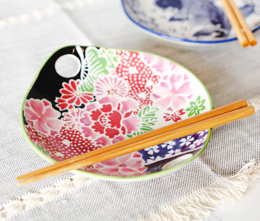 Pink Cherry Blossoms Small Appetizer Coupe Plate Flat Bowl With Chopsticks Set - Ebros Gift