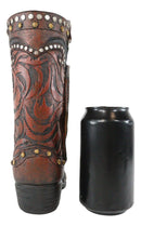 Rustic Western Tooled Leather Lace Studded Boot Floral Vase With Tassel Frill