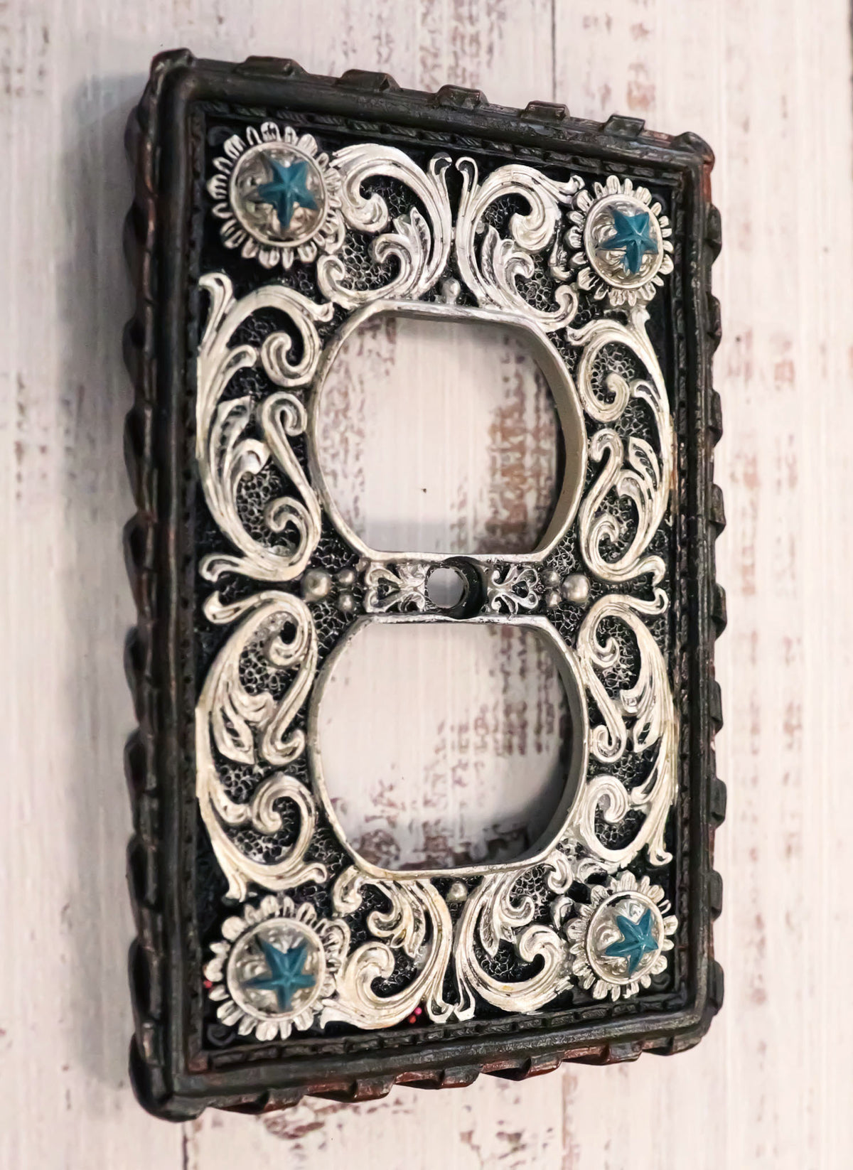Set of 2 Western Turquoise Stars Lace Scroll Wall Double Receptacle Outlet Plate