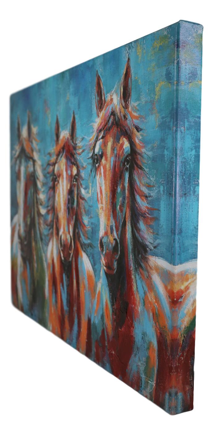 Rustic Country Western Colorful 3 Horses Printed Canvas Picture Wooden Frame 24"X18"