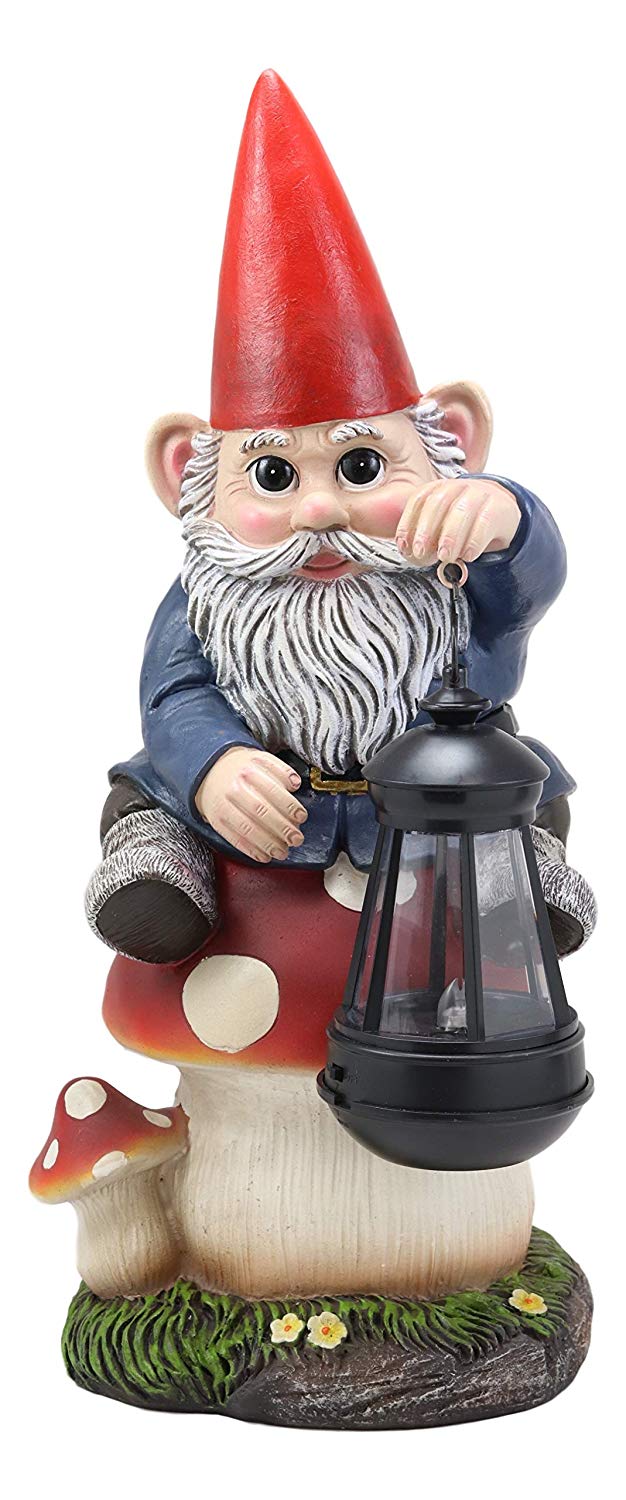 Ebros Large Whimsical Big Eyed Mr Gnome Sitting On Giant Toadstool Mushroom Holding Out Solar LED Lantern Light Statue 15" Tall for Patio Garden Lawn Home Decor Gnomes Figurine