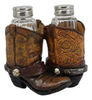 Ebros Fancy Pair Of Cowboy Boots W/ Texas Star Salt & Pepper Shakers Holder Set