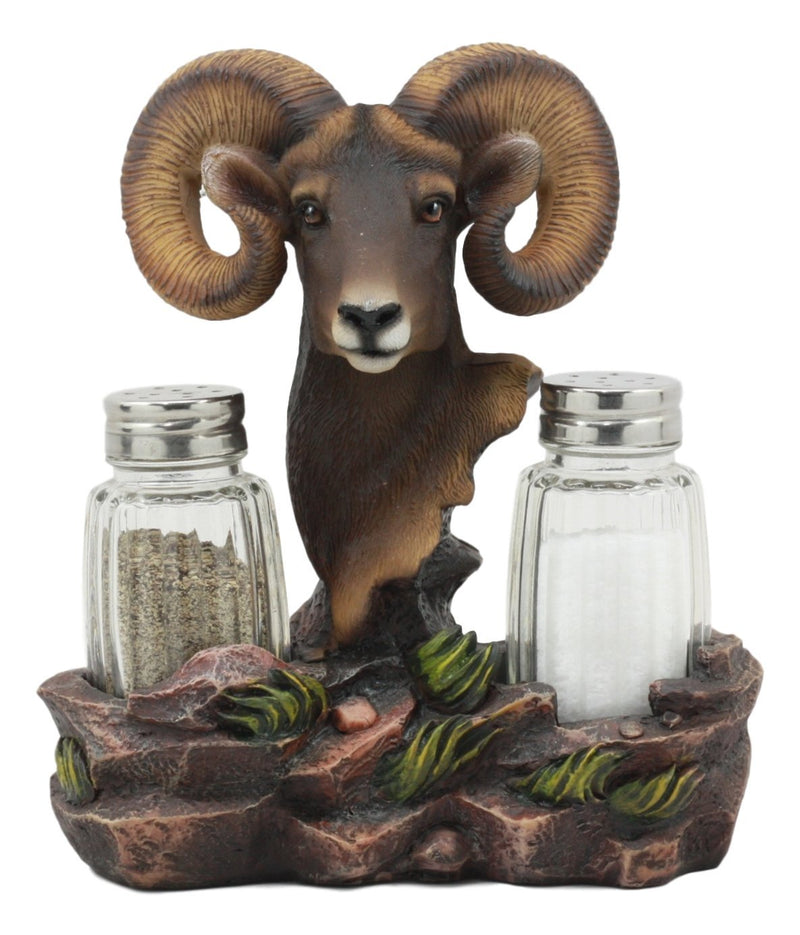 Ebros North American Bighorn Sheep Ram Salt And Pepper Shakers Holder Figurine With Glass Shakers Wild Animal Decor 6.25" Tall