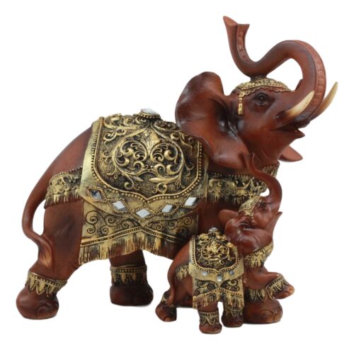 Buddha Feng Shui Decorated Golden Elephant With Calf Trumpeting Statue 10"L