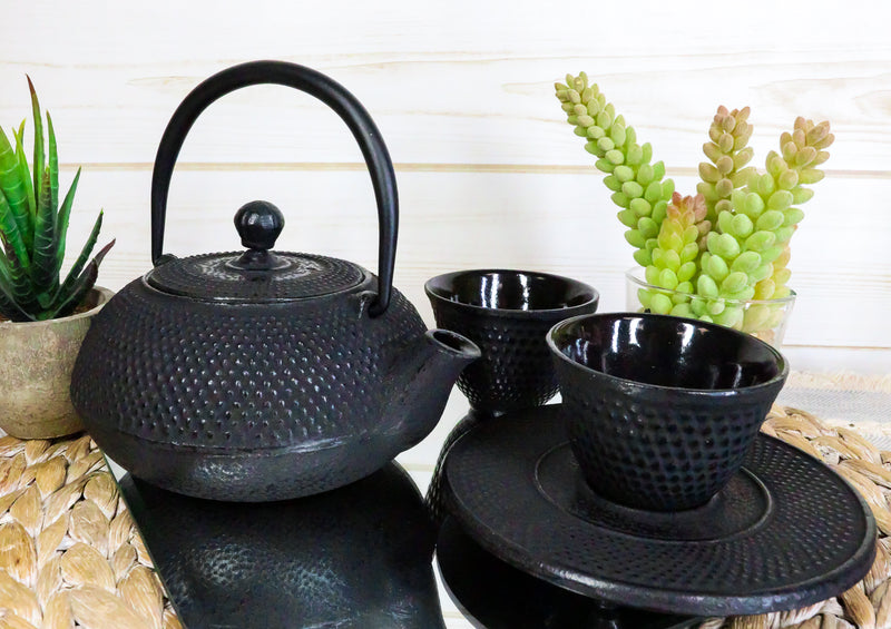 Japanese Imperial Dots Black Cast Iron Teapot Set With Trivet and Cups Serves 2