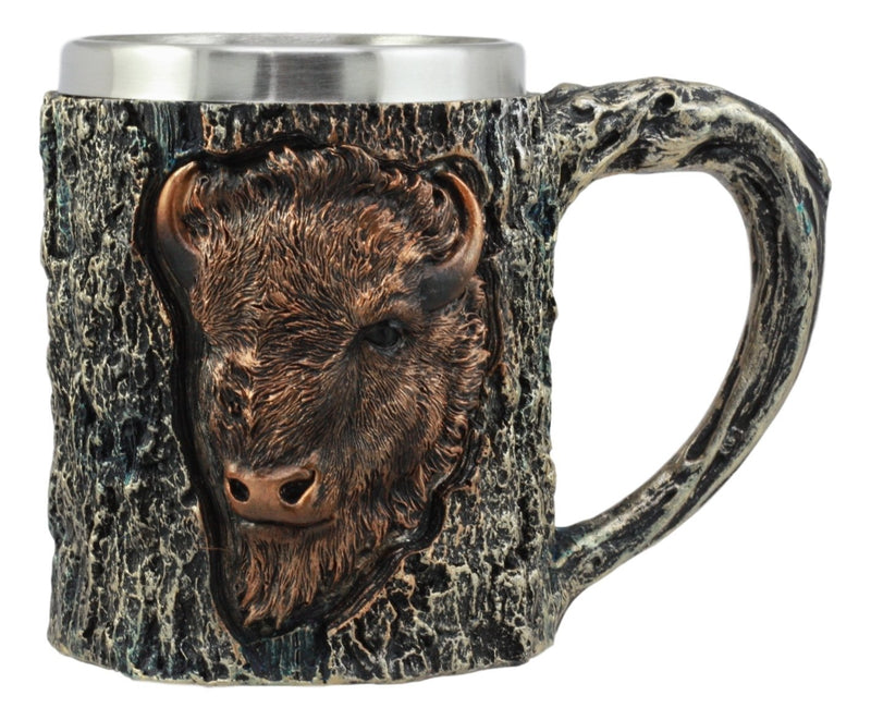 Ebros Nature Wild Bison Mug With Rustic Tree Bark Texture Design In Painted Bronze Finish 12oz Drink Beer Stein Tankard Coffee Cup