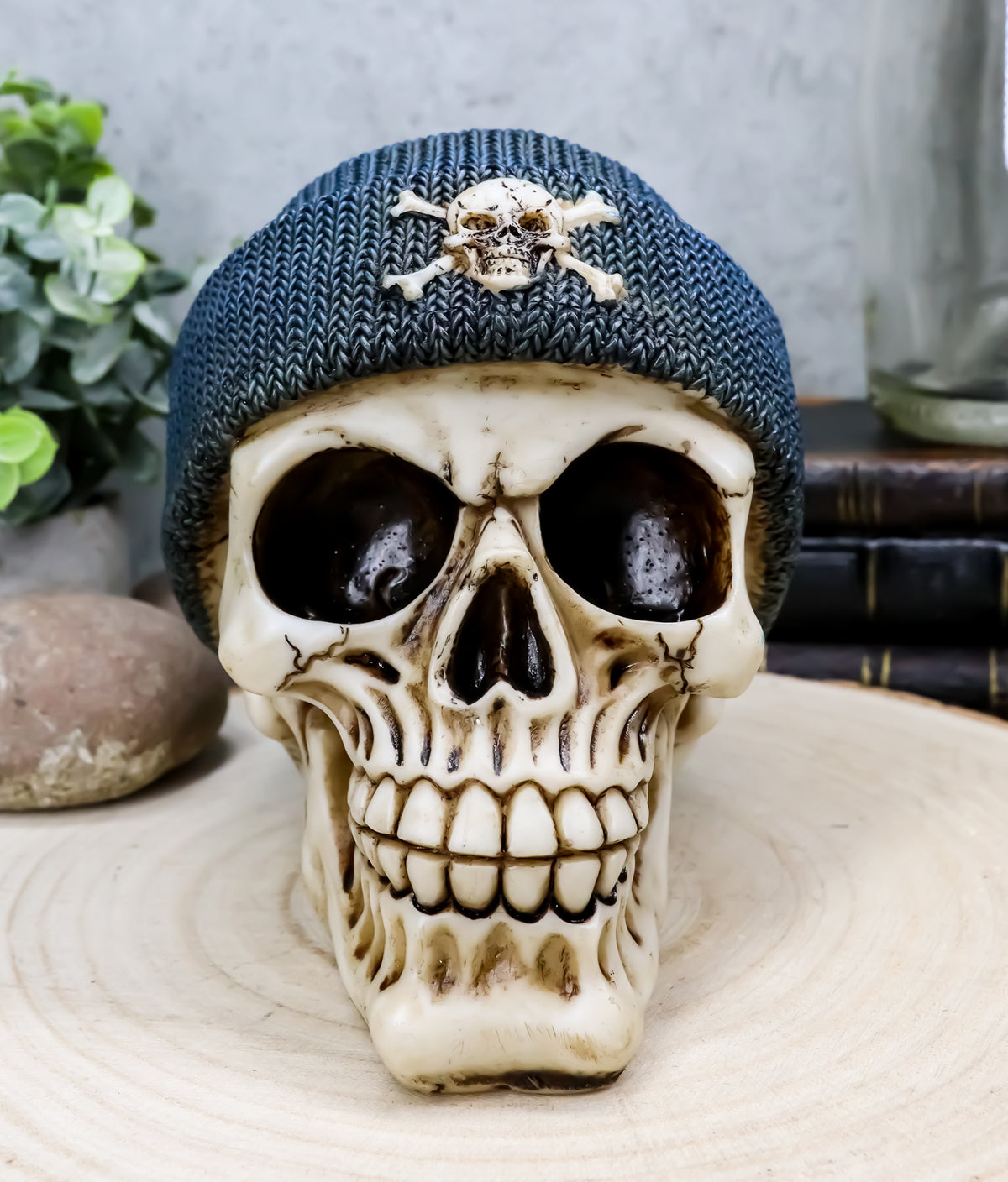 Ebros Gangster Thug Skull With Blue Crossbones Beanie Hat Figurine 6"L Skeleton Skulls