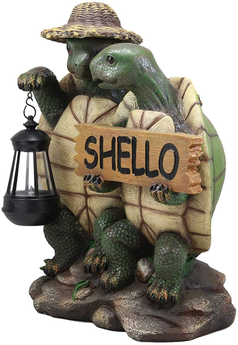 Ebros Tortoise Lovers Solar LED Lantern Light SHELLO Greeting Sign Statue 15"H