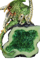 Terra Green Iridescent Dragon On Faux Geode Rock Quartz Crystal Cove Figurine
