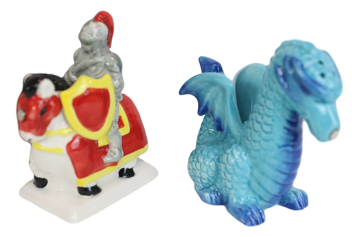 Ceramic Saint George The Knight And Blue Dragon Salt Pepper Shakers Figurine Set