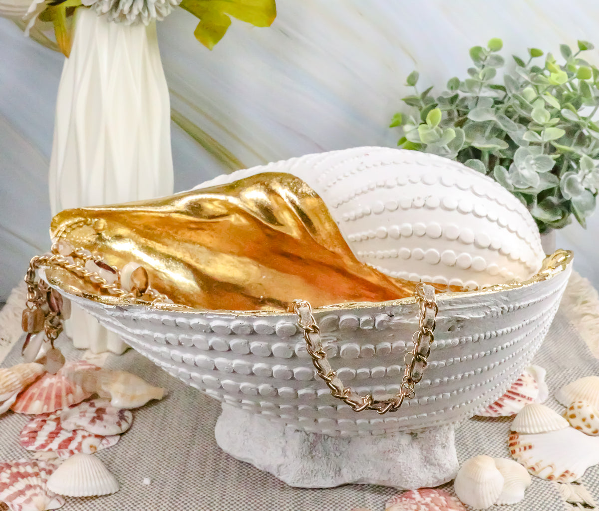 Ebros 10" L Golden Nautilus Mollusc Sea Shell Jewelry Dish Bowl Decor Statue