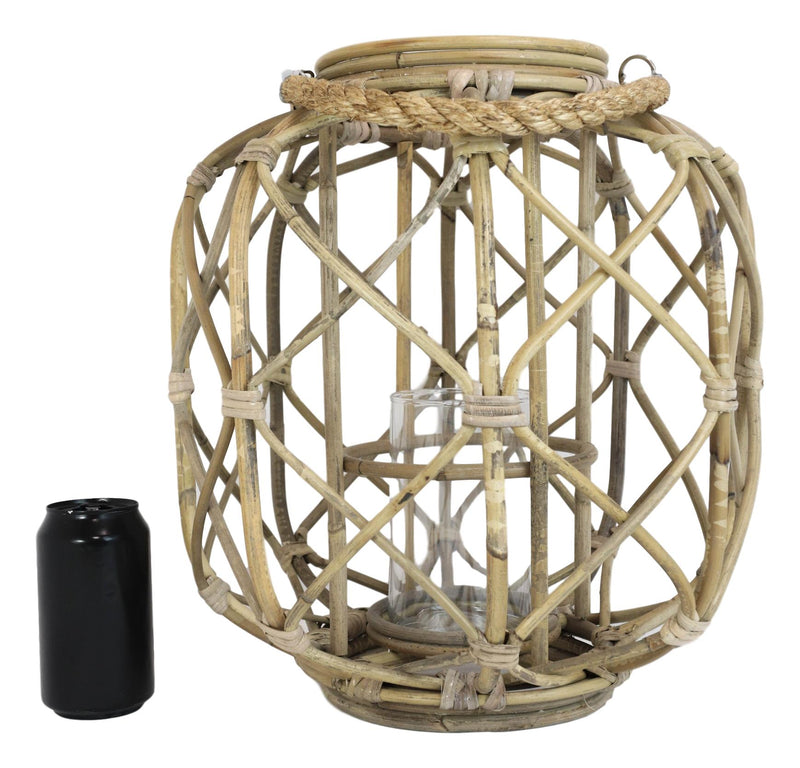 15"H Rustic Farmhouse Brown Woven Rattan Candle Lantern with Jute Rope Handle