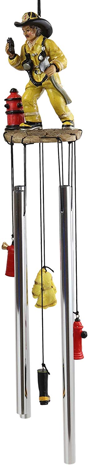Ebros Gift Yellow Gear Outfit Fireman in Line of Duty with Axe and Red Hydrant Resonant Relaxing Wind Chime Patio Garden Accent of Fire Fighters Hydrants 911 Emergency Civil Service - Ebros Gift