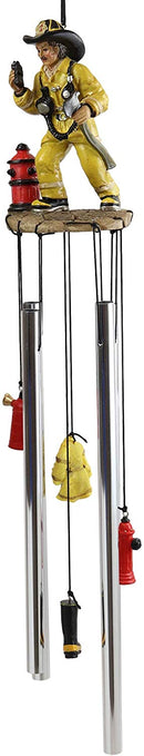 Ebros Gift Yellow Gear Outfit Fireman in Line of Duty with Axe and Red Hydrant Resonant Relaxing Wind Chime Patio Garden Accent of Fire Fighters Hydrants 911 Emergency Civil Service
