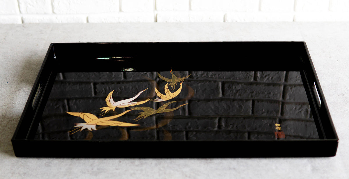 Japanese Flying Cranes 19" by 12" Large Black Lacquer Serving Tray With Handles - Ebros Gift