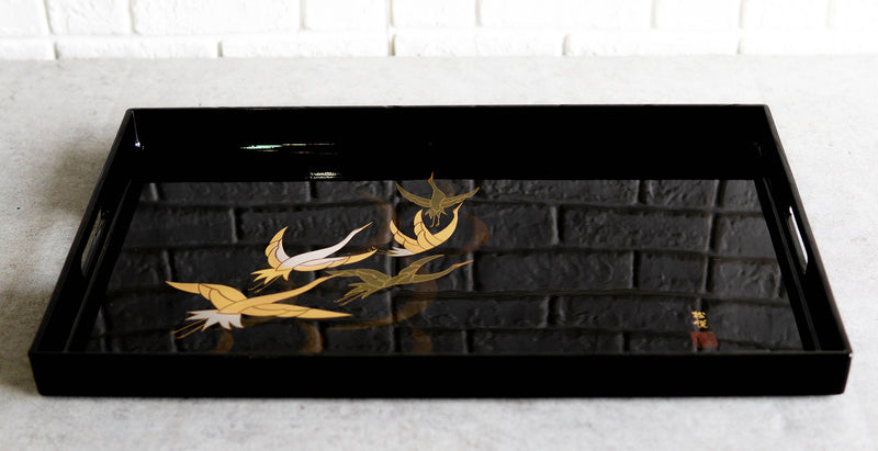 Japanese Flying Cranes 19" by 12" Large Black Lacquer Serving Tray With Handles