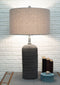 Contemporary Grey Textured Faux Stone Finish Pillar Table Lamp Fabric Shade 26"H