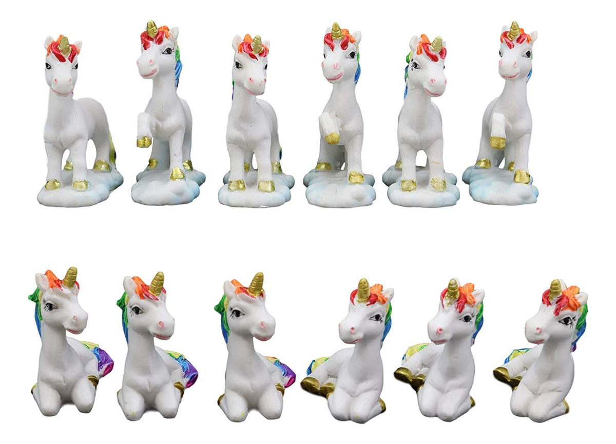 Ebros Beautiful Magical Rainbow Mane Unicorns 2" High Miniature Figurine Set of 12 Mare Unicorn Horse with Golden Horns in 4 Different Poses Figurine Collectible Fairy Garden Decor