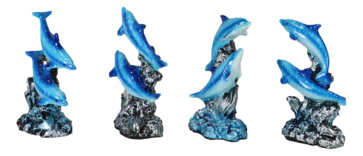 Pack Of 4 Marine Sea Blue Dolphins Swimming By Waves And Coral Reef Figurines - Ebros Gift