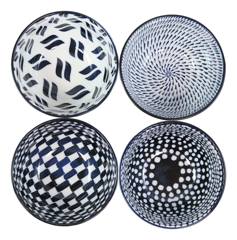 Ebros Gift Made In Japan Stylish Symmetry Contemporary Design 5"Diameter 16oz Porcelain Bowls Set Of 4 For Salad Ramen Pho Soup Cereal Home And Kitchen Decorative Bowl Gift Set (Blue Patterns)
