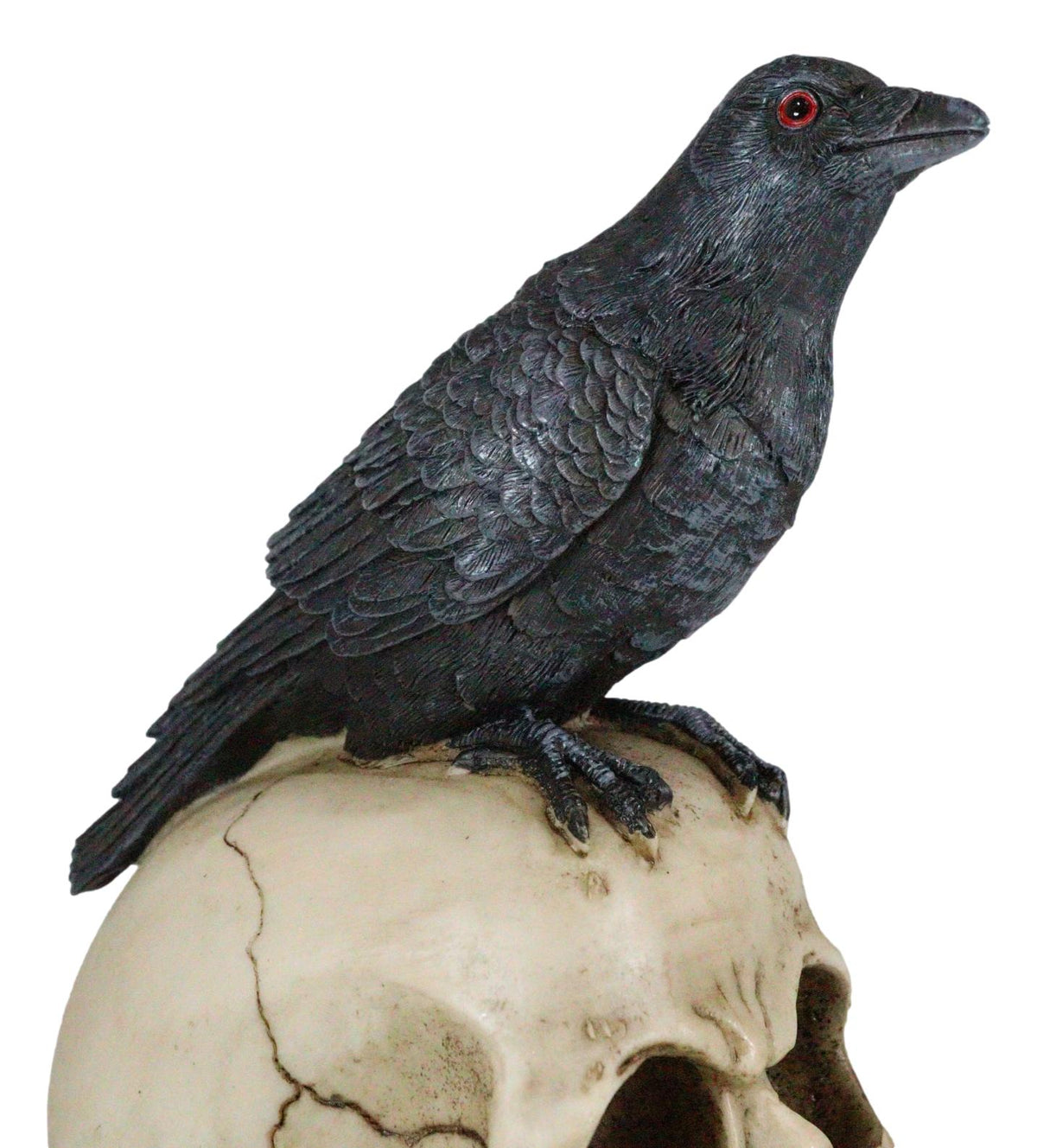 Quoth The Raven Nevermore Black Crow With Red Eyes On Macabre Skull Figurine - Ebros Gift