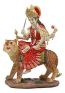 Hindu Goddess Durga Wearing Red Sari Riding On Tiger Figurine 8.5" Tall Statue