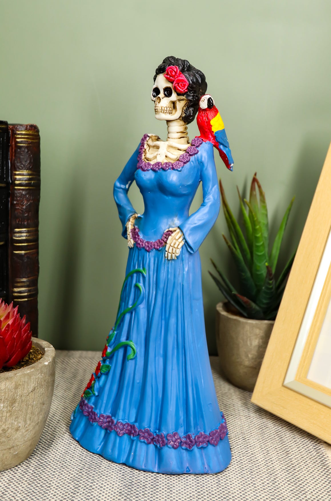 Day Of The Dead Lady In Blue With Scarlet Macaw Parrot Skeleton Figurine Statue