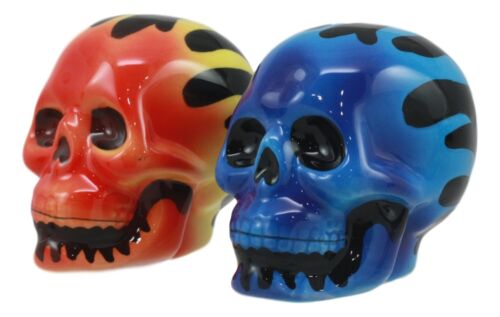 Hot Rod Flaming Inferno Skulls Ceramic Salt Pepper Shakers Fire El Diablo - Ebros Gift