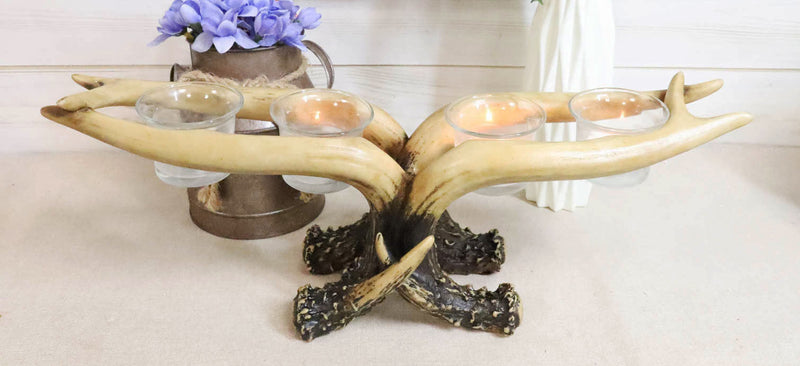 Wildlife Rustic Buck Deer Stag Entwined Antlers 4 Votives Candle Holder Figurine