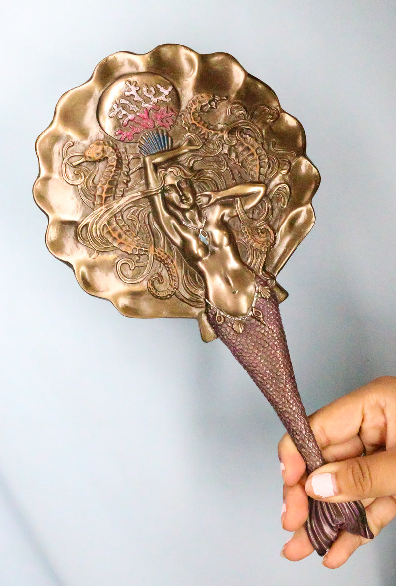 Art Nouveau Sirens of The Seas Mermaid With Seahorses Hand Mirror Figurine 11"H