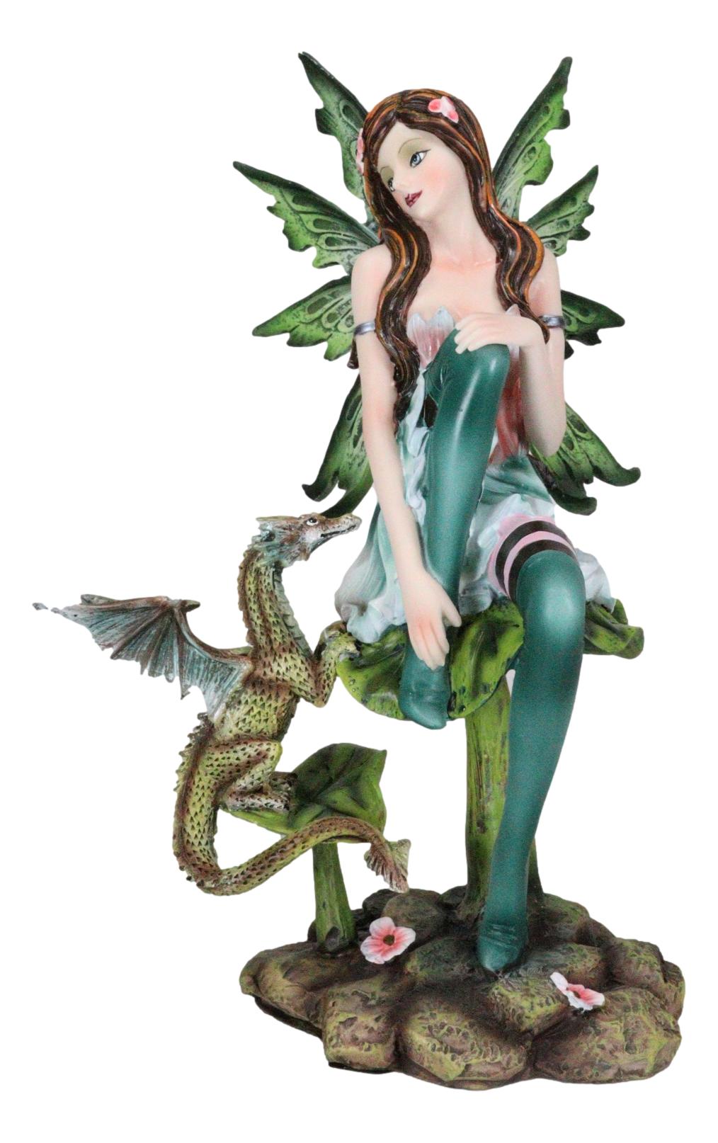 Ebros Beautiful Gaia Pixie Fairy With Green Wyrmling Dragon Statue 9.5"Tall Mythical Fantasy Fae Lady Of Summer Forest Magic Figurine Collectible Medieval Fairies Decor