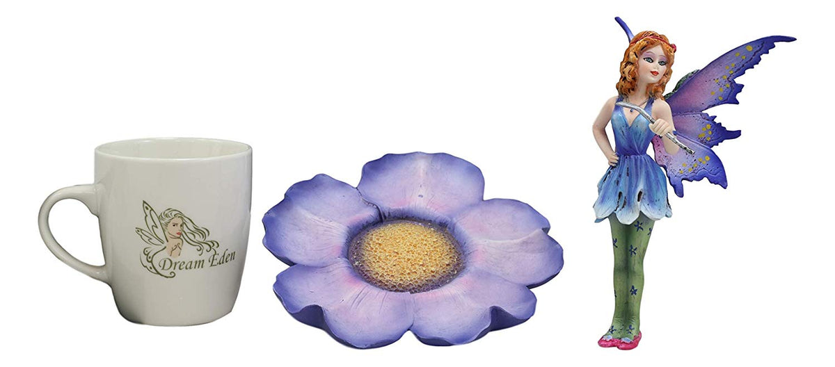 Ebros Fantasy Pixie Beverage Teacup Fairy Standing On Flower Saucer Display Stand Holder Statue with Dream Eden Coffee Mug Set for Whimsical Tea Party Decor Accent of Fairies Nymphs Pixies (Purple)