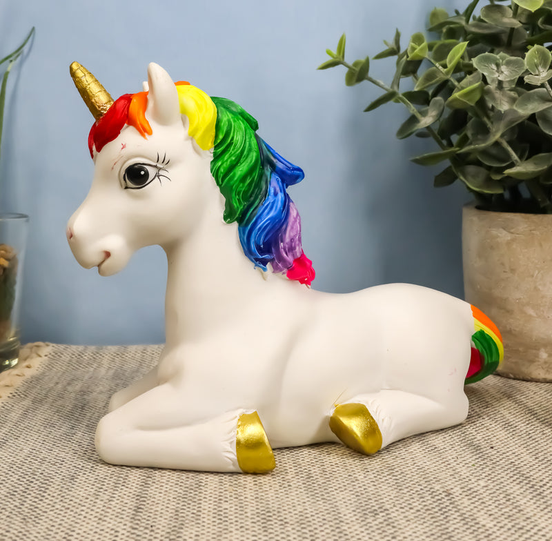 Ebros Beautiful Rainbow Mane Gold Horn Unicorn Mare Horse Sitting In Repose Figurine