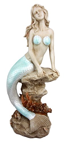 Ebros Gift Large Aquamarine Goddess Mermaid Maiden Sitting On Sea Rock Figurine 17.75"H