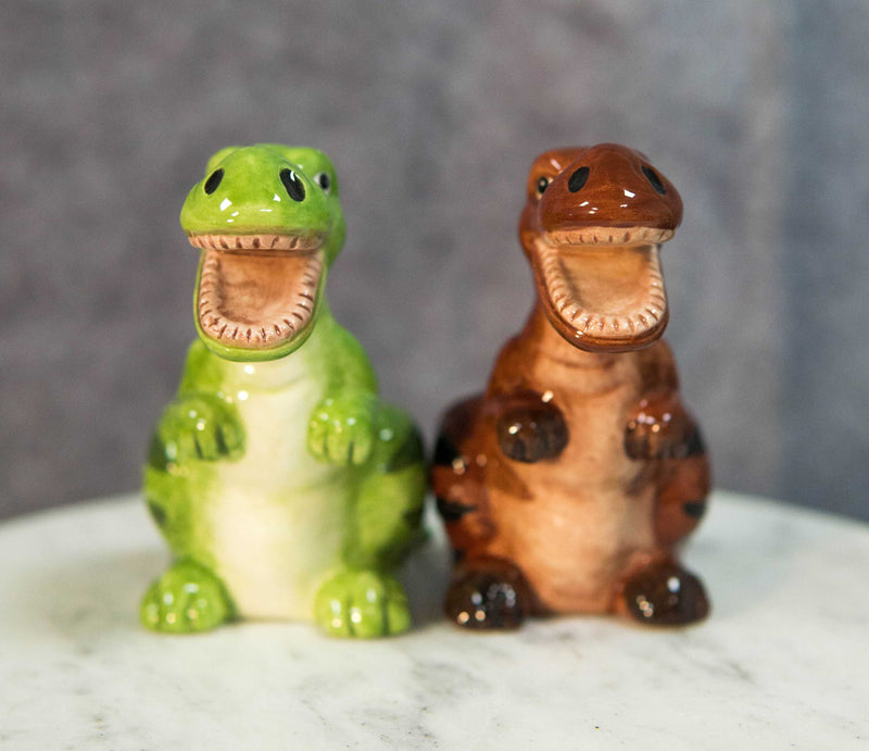 Ceramic Green And Brown T Rex Jurassic Dinosaurs Salt And Pepper Shakers Set