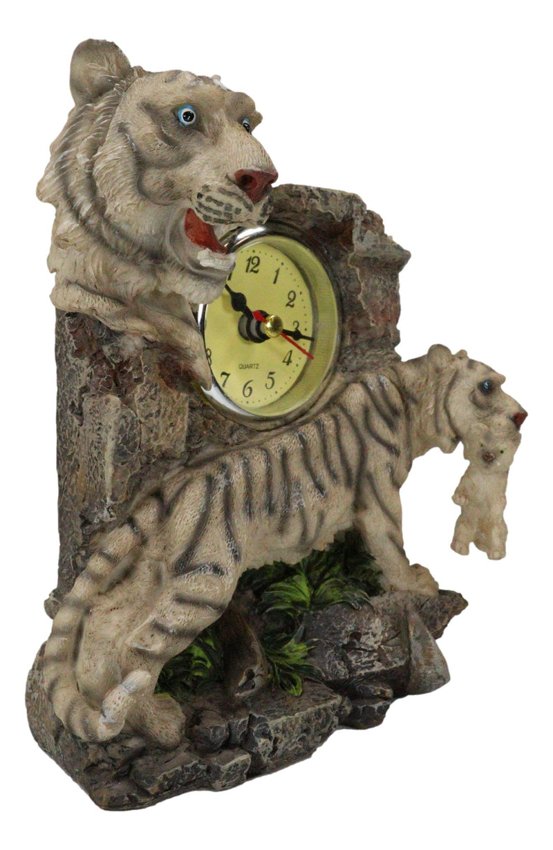 Jungle Rainforest Apex Predator White Tiger And Cub Family Table Clock Figurine