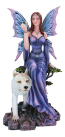 Purple Pearl Wishing Fairy On Tree Of Life With Giant Winter Snow Wolf Figurine