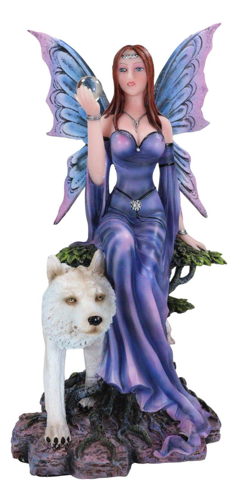 Purple Pearl Wishing Fairy On Tree Of Life With Giant Winter Snow Wolf Figurine