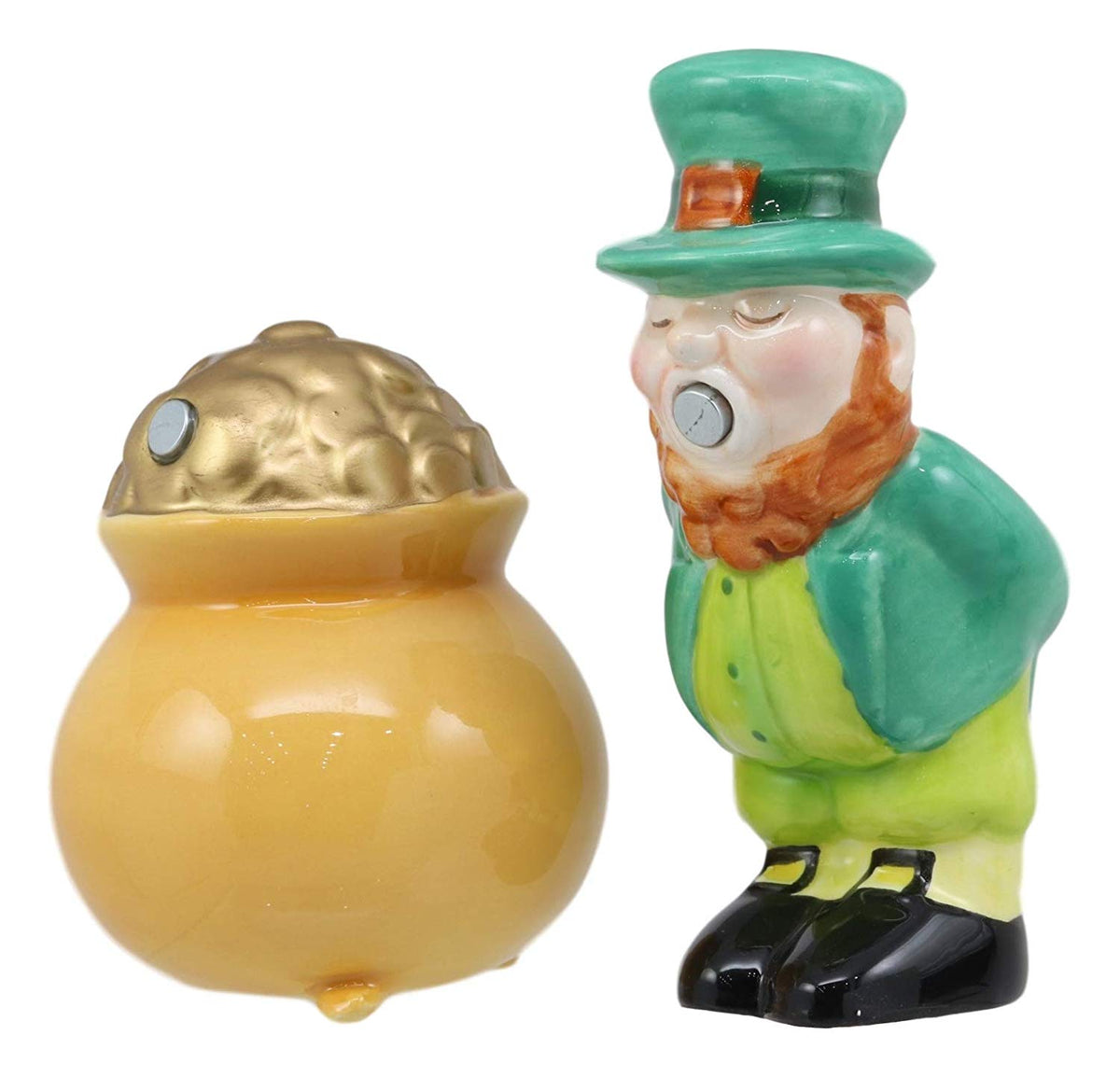 Luck Of The Irish Leprechaun Kissing Pot Of Gold Ceramic Salt Pepper Shakers Set - Ebros Gift