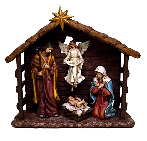Ebros Gift Large Holy Family Nativity Manger Scene Gloria Angel With Mary Joseph and Baby Jesus Figurine 6 Piece Set