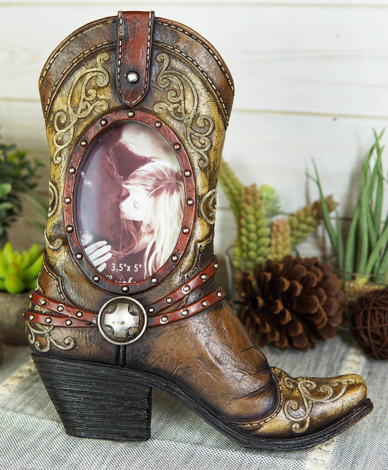 Rustic Western Tooled Leather Cowboy Boot Desktop Easel Photo Frame For 3.5"X5"
